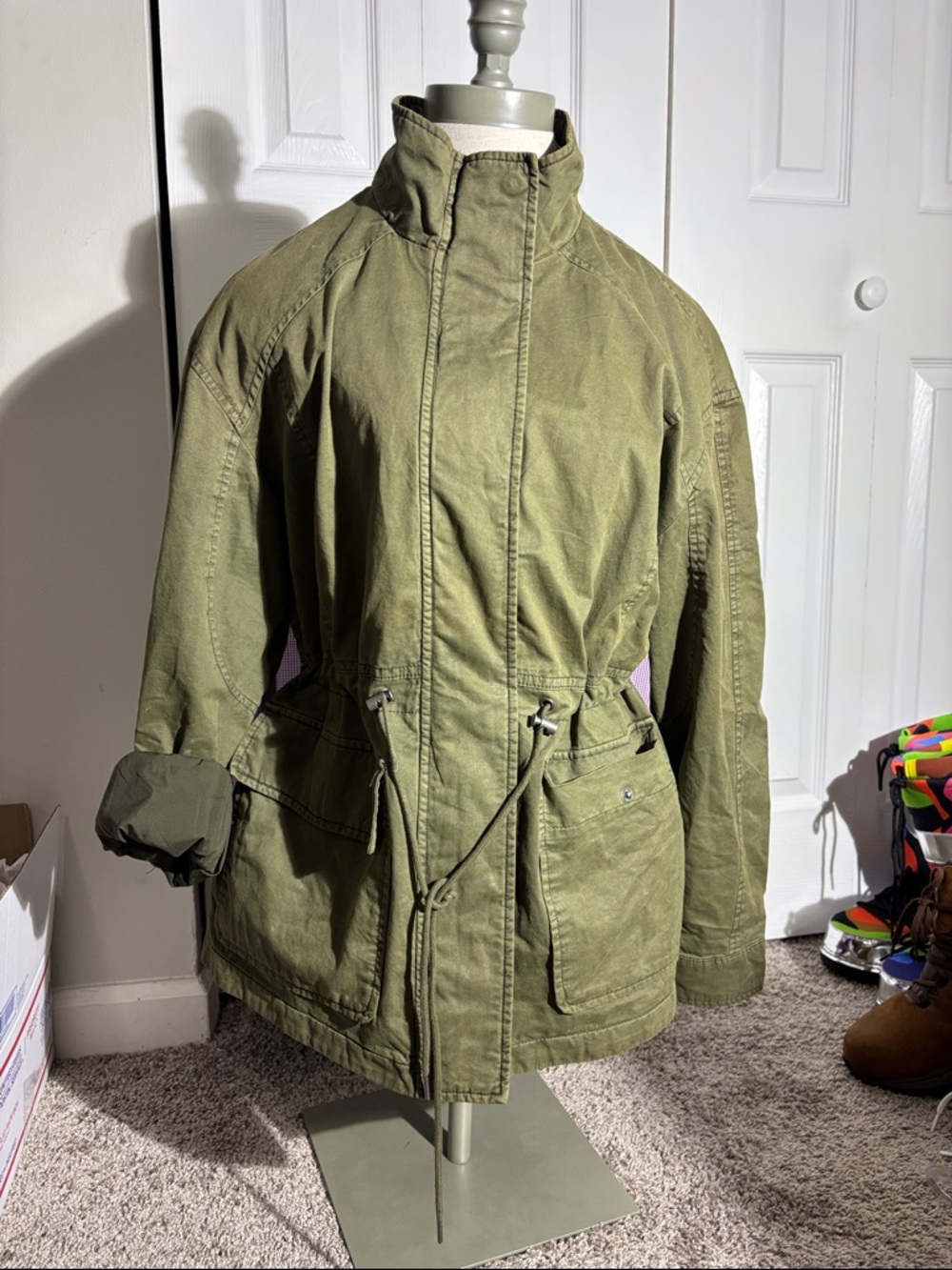 Olive Green Utility Field Jacket with Drawstring Waist